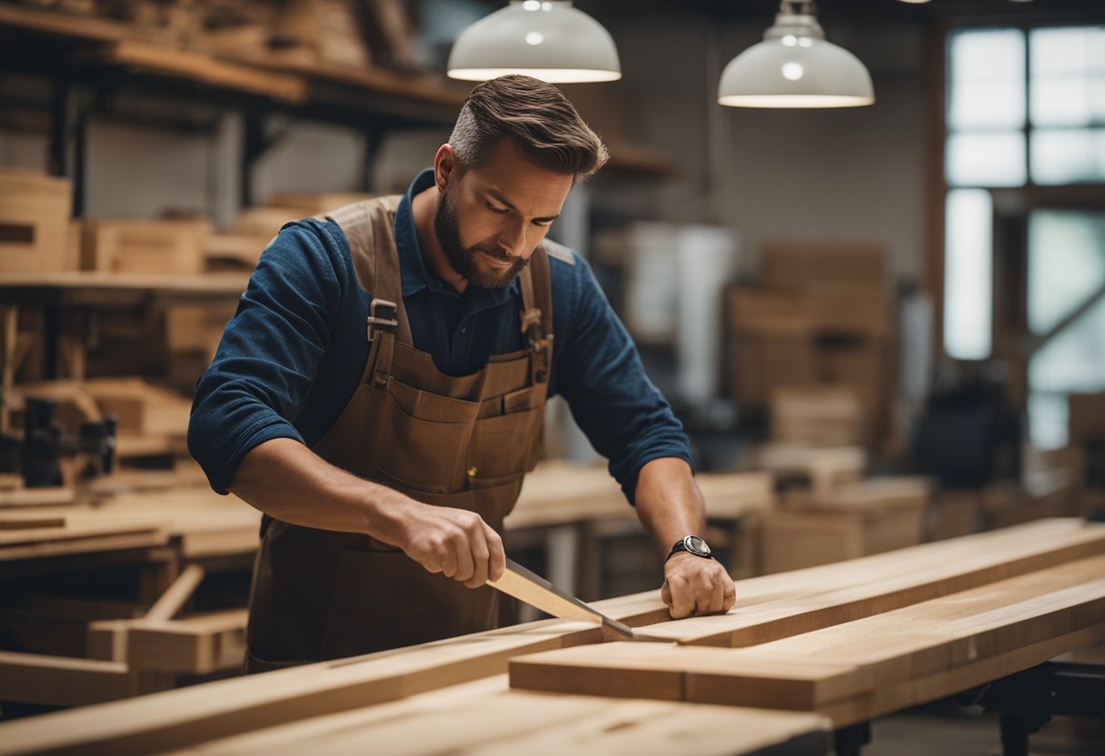 A craftsman carefully selects wood, measuring and cutting with precision, creating custom furniture in a well-lit workshop