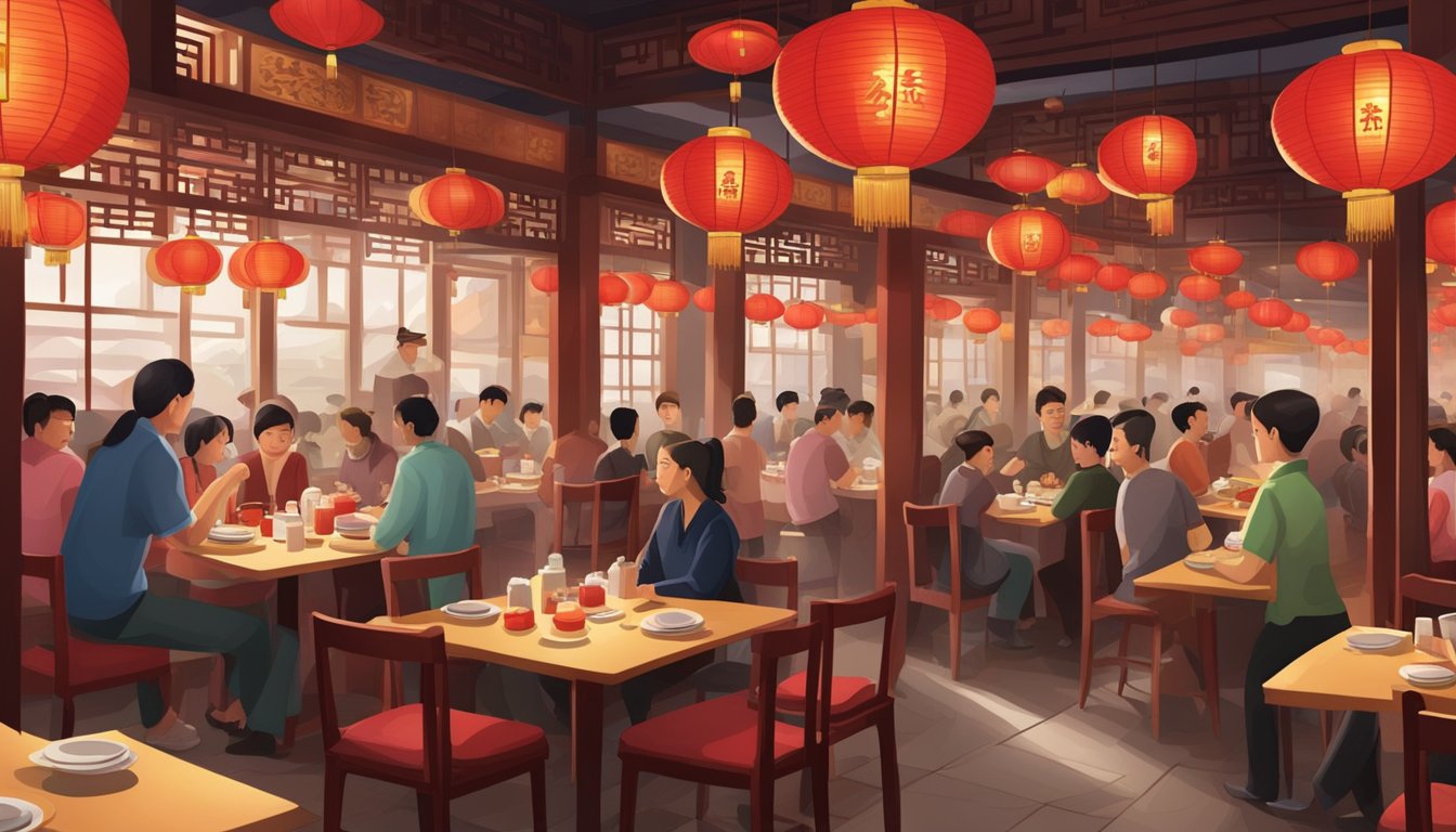 A bustling Chinese restaurant with red lanterns, dim sum carts, and a lively atmosphere