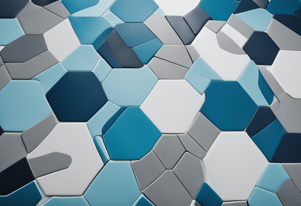 A kitchen floor with hexagonal tiles in shades of blue and grey, creating a geometric pattern with a textured surface