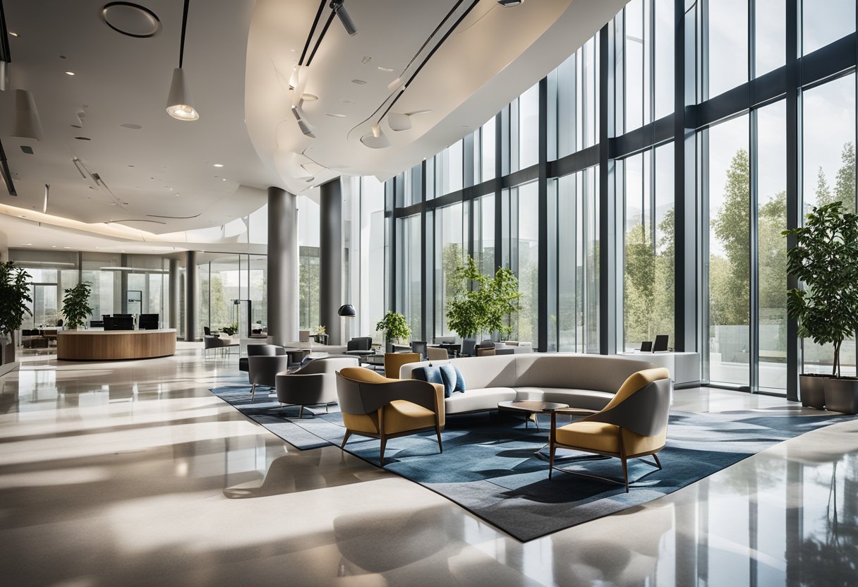 The office lobby features modern furniture, a sleek reception desk, and a large abstract art piece on the wall. The space is filled with natural light from the floor-to-ceiling windows, creating a bright and welcoming atmosphere