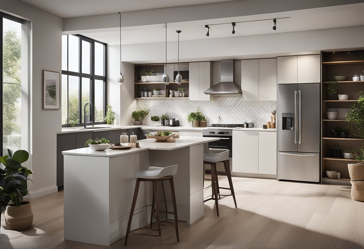 An open concept BTO kitchen with modern appliances, sleek countertops, and ample storage space. Light floods in through large windows, illuminating the clean, minimalist design
