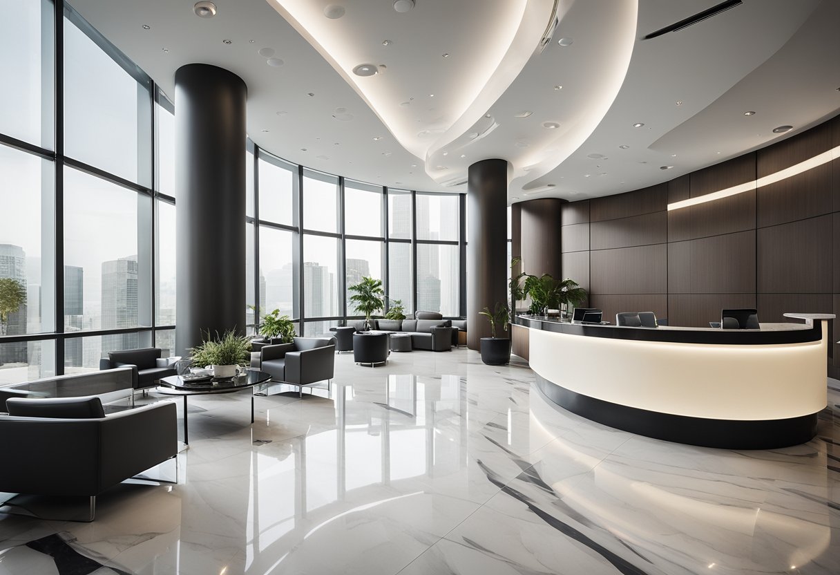 The office lobby features sleek marble floors, a glass reception desk, and modern metal finishes on the furniture. The walls are adorned with abstract artwork, and the space is filled with natural light from large windows