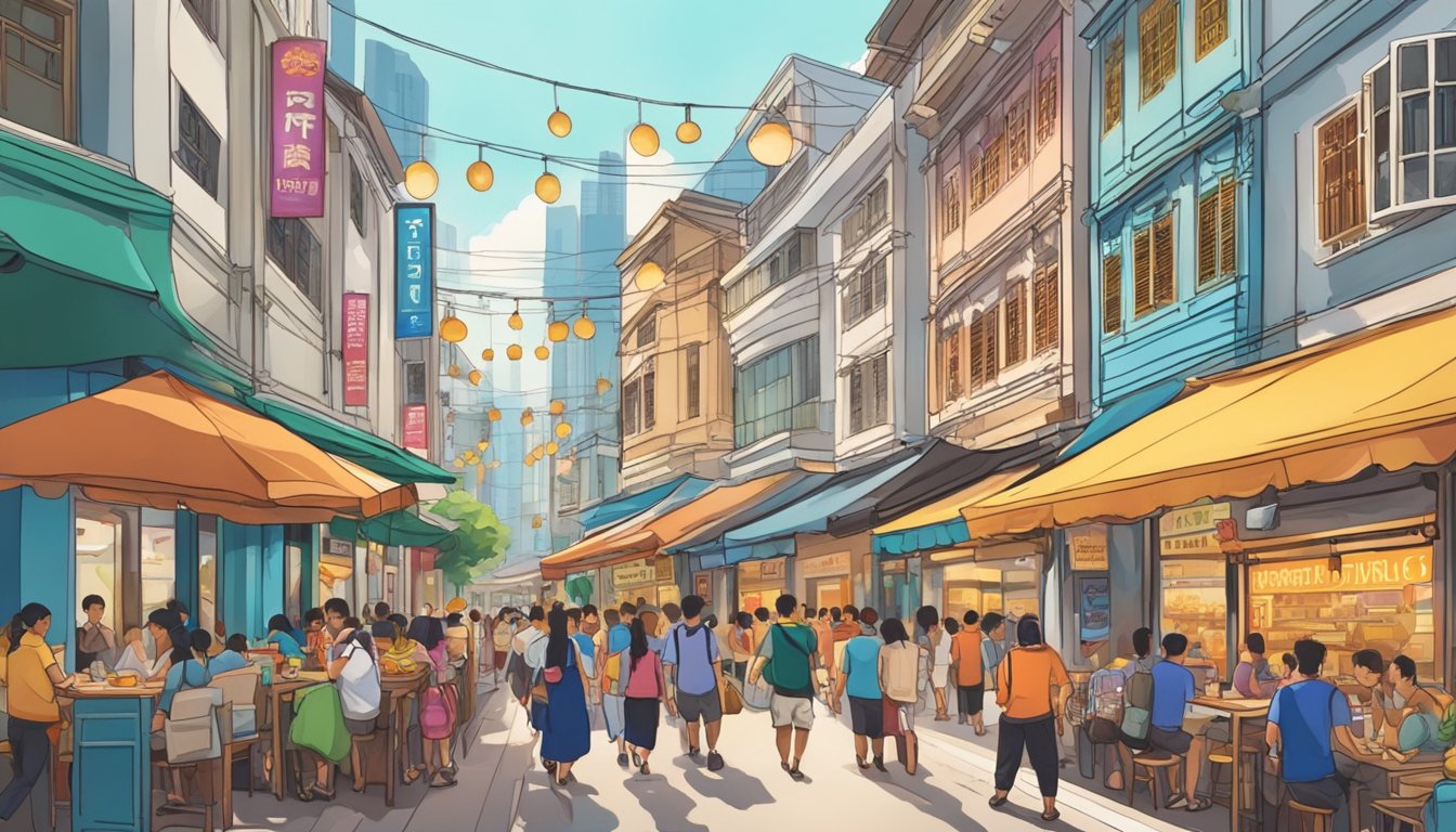 A bustling street in Singapore, with iconic restaurants lining the sidewalks. Brightly lit signs and colorful storefronts draw in crowds of hungry patrons