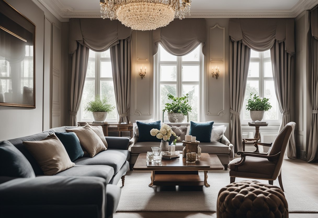 A cozy living room with a classic European furniture set, including a plush sofa, ornate coffee table, and elegant armchairs, all arranged in front of a large window with billowing curtains