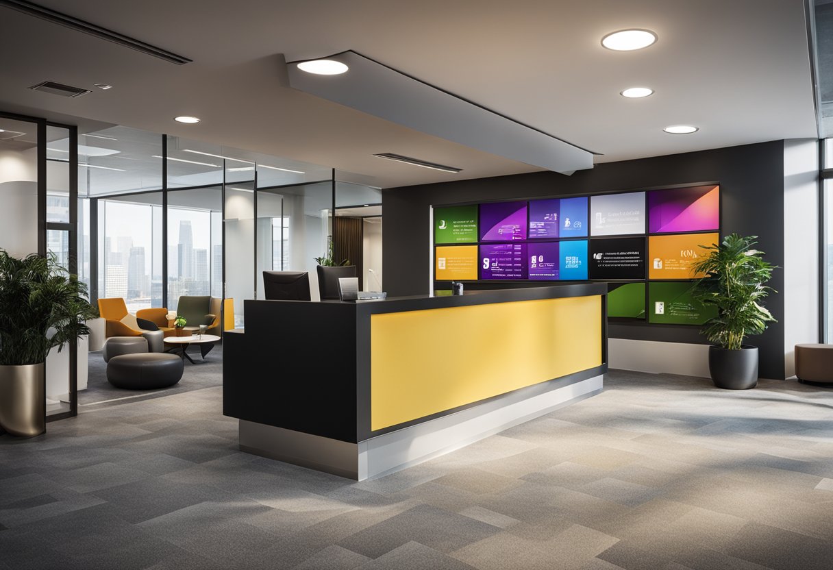 An office lobby with modern furniture, a sleek reception desk, and a large, colorful FAQ display on the wall