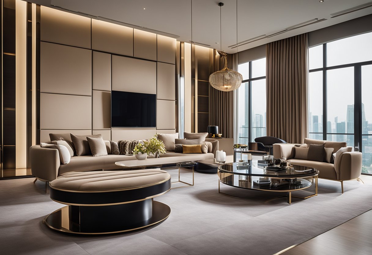 Luxurious Fendi furniture in a modern Singapore living room, featuring sleek lines and opulent materials