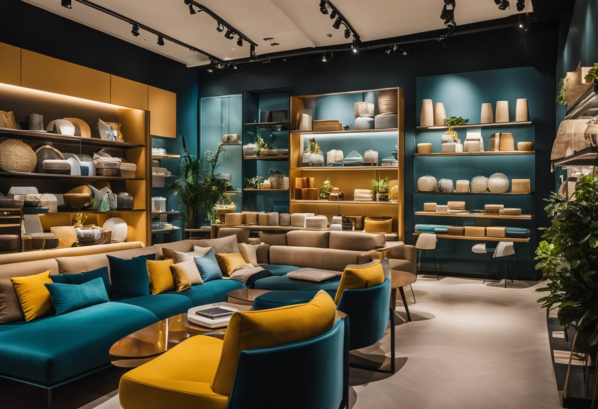 A modern furniture store in Singapore, with sleek designs and vibrant colors, showcasing a variety of home decor and furnishings