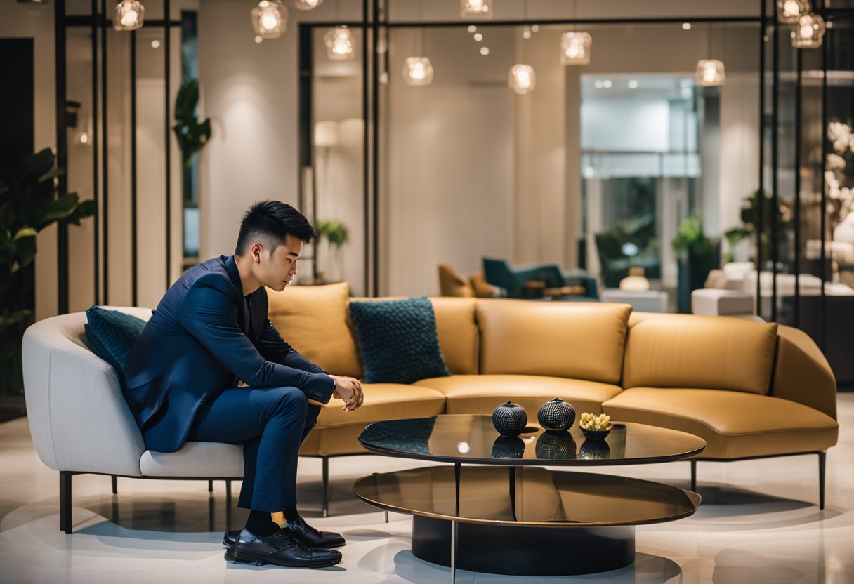 A customer examines a sleek, modern sofa at Melandas Furniture in Singapore. The showroom is filled with elegant pieces and vibrant decor