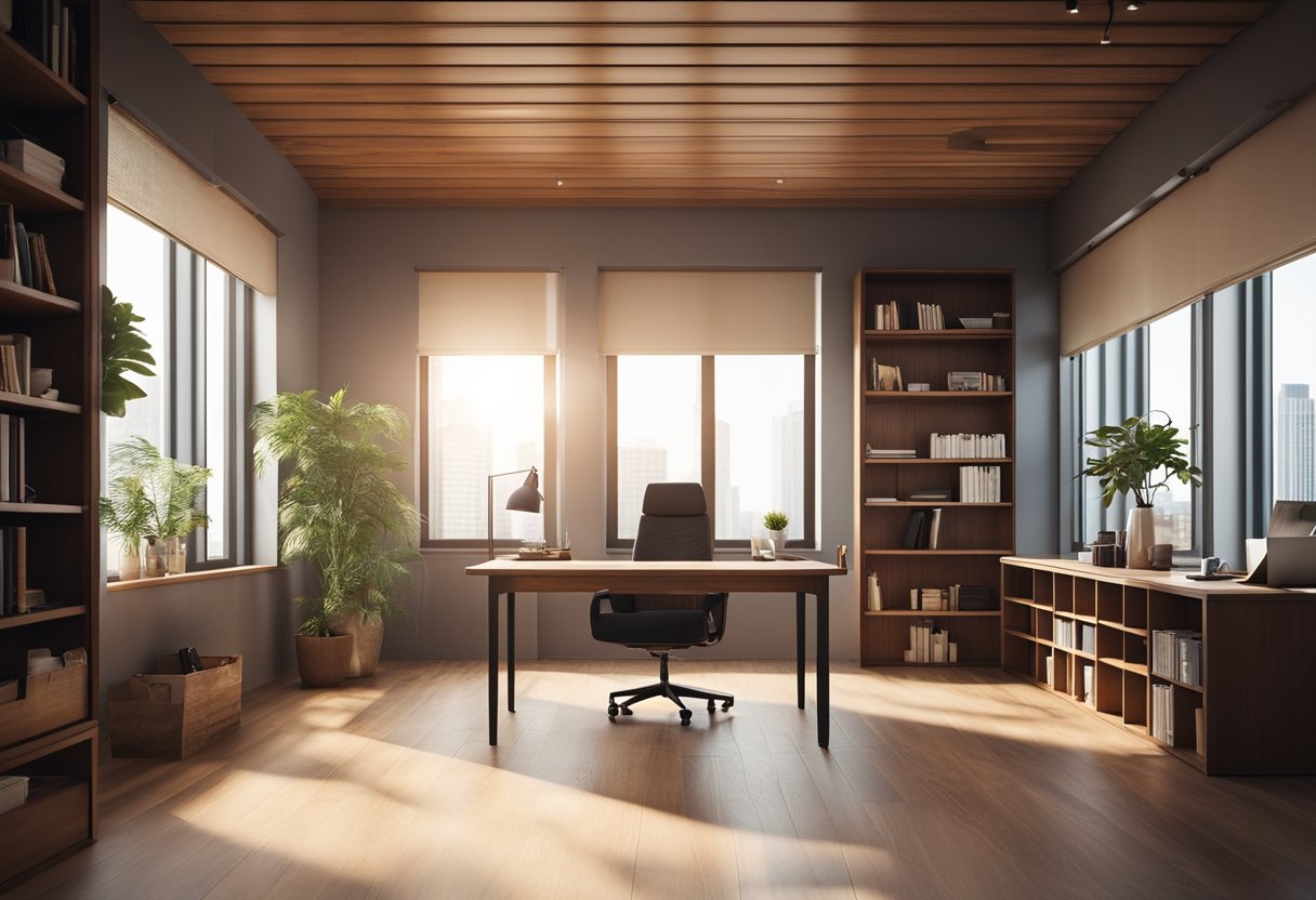 A spacious wooden office cabin with a large desk, bookshelves, and a cozy seating area by the window. Sunlight filters through the blinds, casting warm patterns on the floor