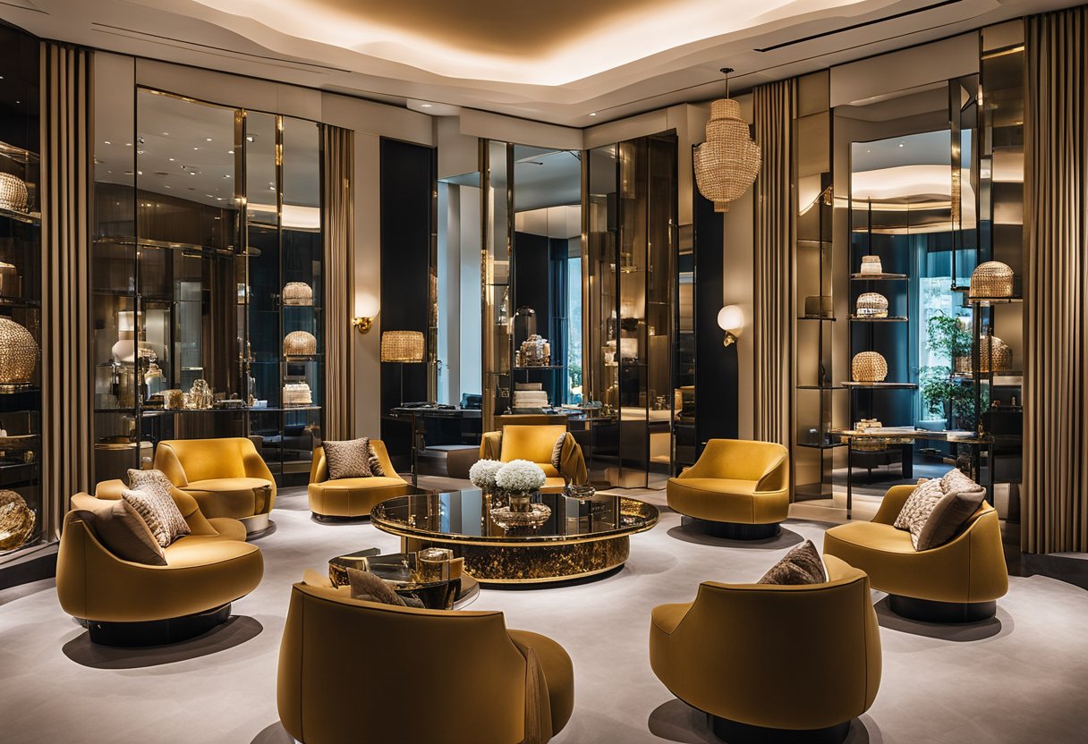 A lavish Fendi showroom in Singapore, showcasing opulent furniture and decor in a modern, sophisticated setting. Rich textures and elegant designs exude luxury