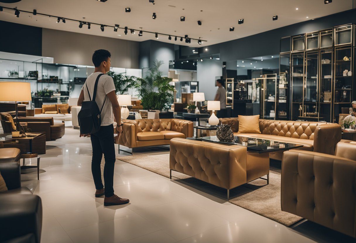 A customer browsing through a variety of modern and stylish furniture pieces at Melandas Furniture store in Singapore