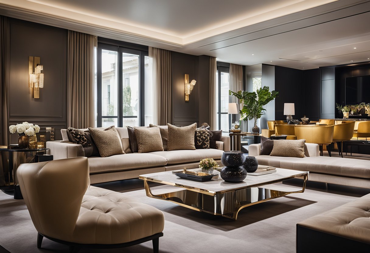 A luxurious living room with Fendi furniture, blending traditional and modern designs. Rich textures and sleek lines create a sophisticated and elegant atmosphere