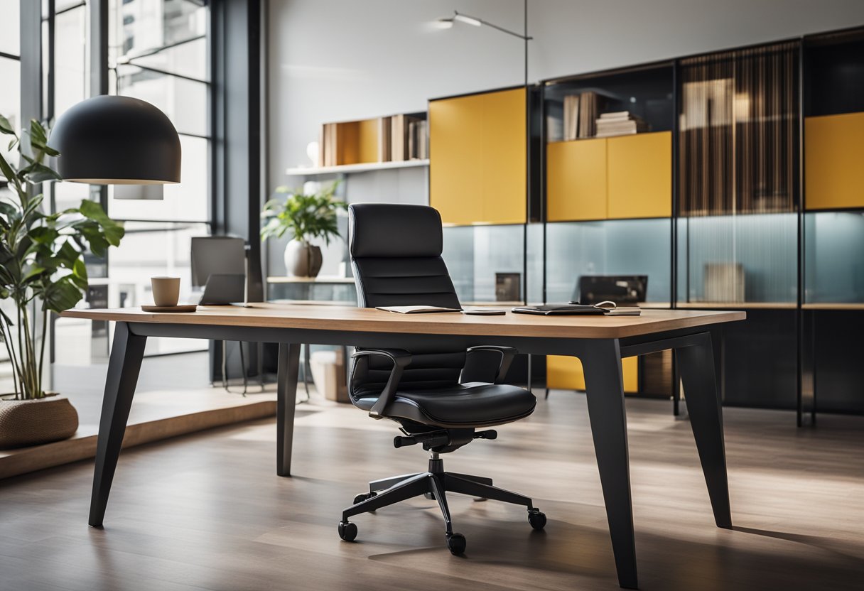 A modern office table with sleek lines, minimalist design, and pops of color. Various materials such as wood, metal, and glass are used, creating a dynamic and inspiring workspace