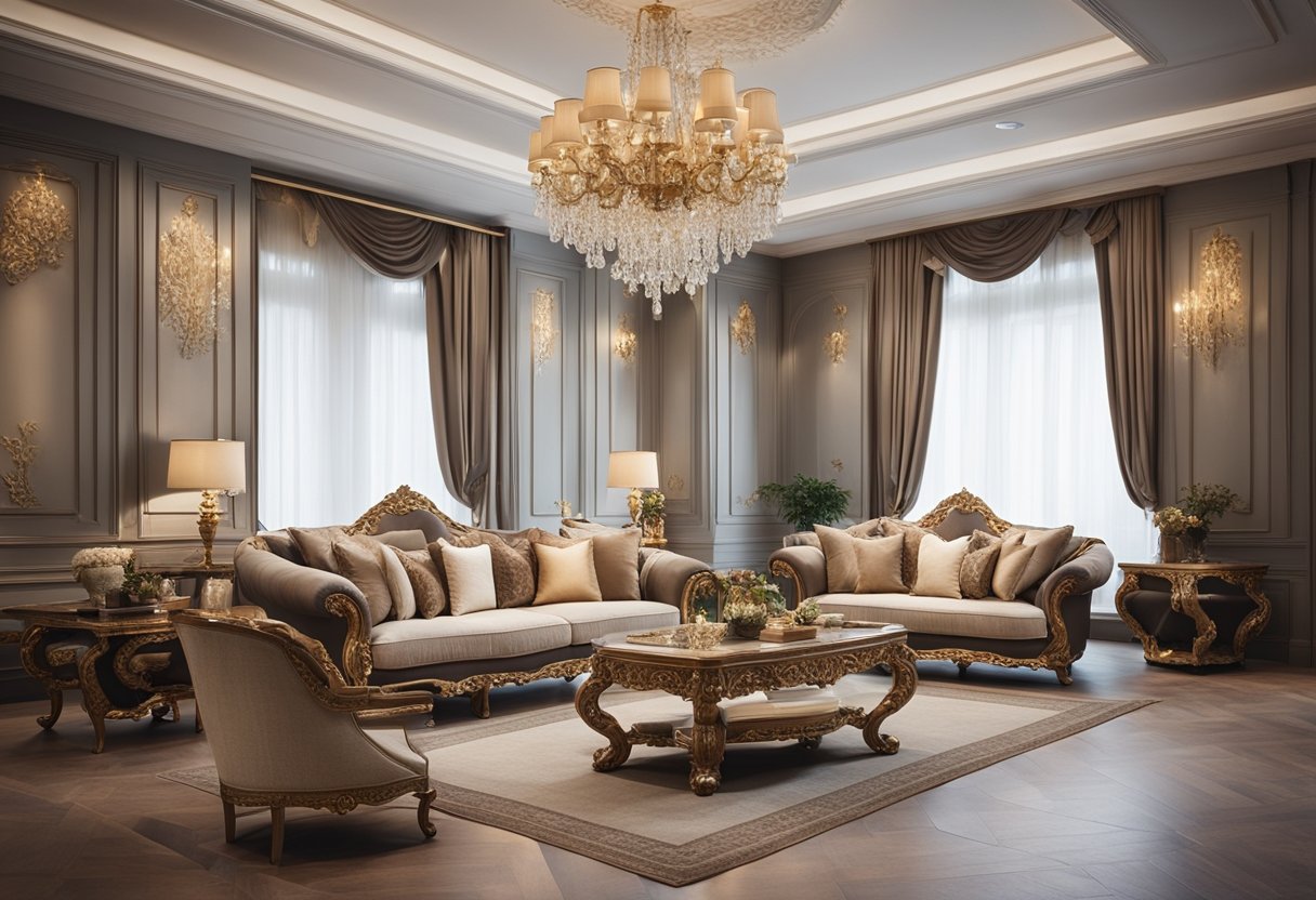 A luxurious living room with ornate European furniture, featuring intricate carvings and elegant upholstery in a sophisticated setting