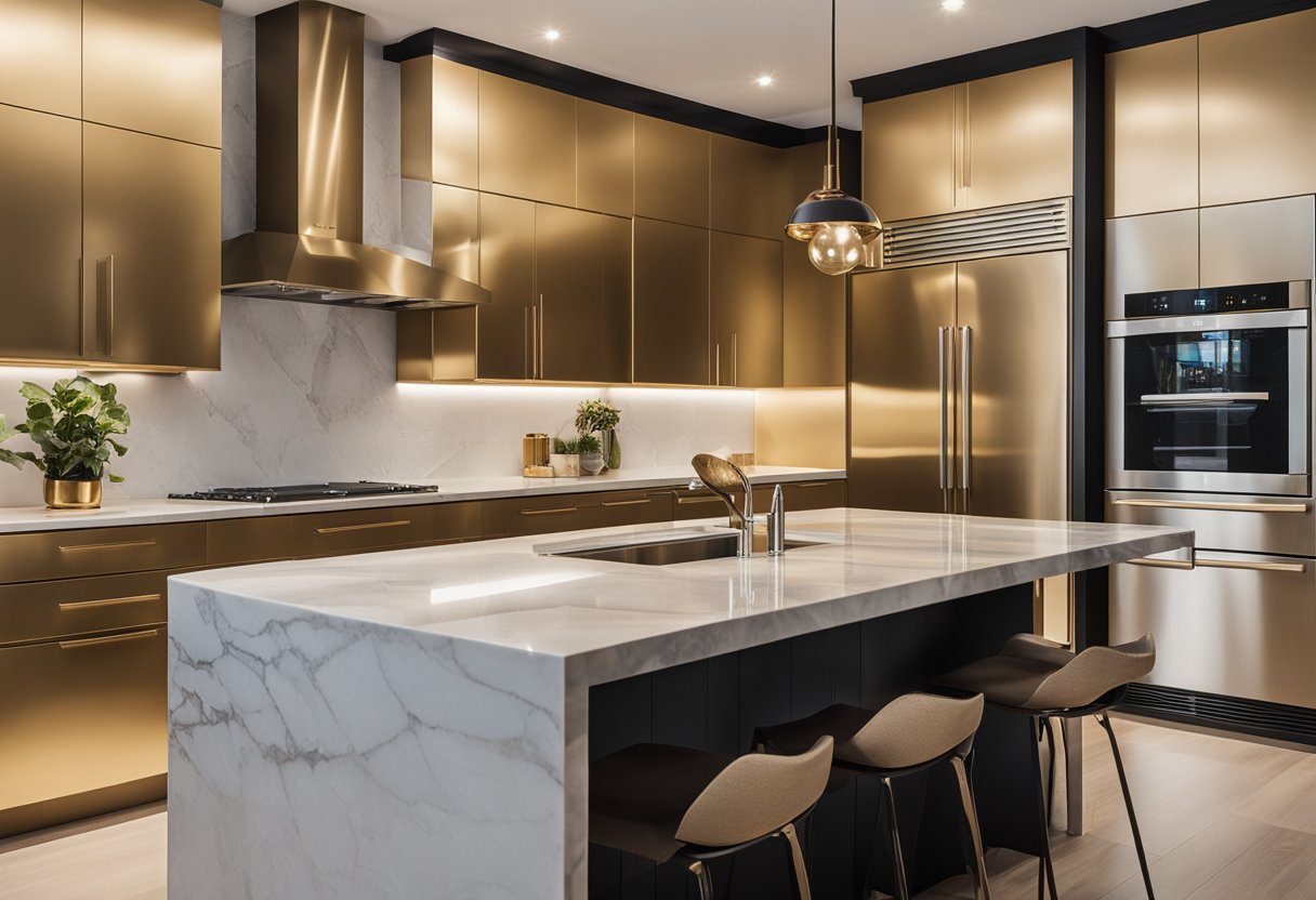 A sleek gold kitchen with modern fixtures and appliances. Shimmering gold cabinets, a sleek marble countertop, and a stylish island in the center of the room