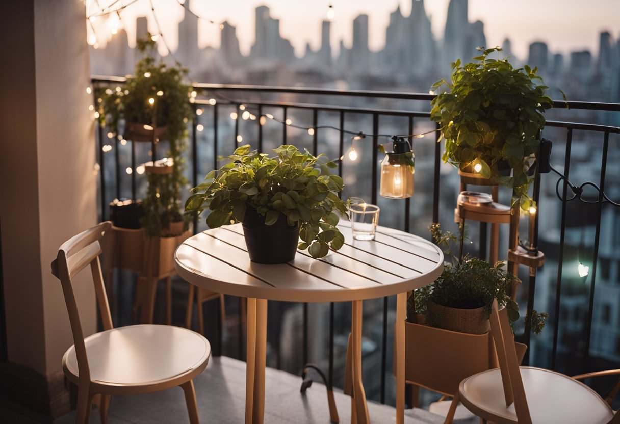 A cozy balcony with a small bistro table and two chairs, surrounded by potted plants and hanging fairy lights, overlooking a city skyline