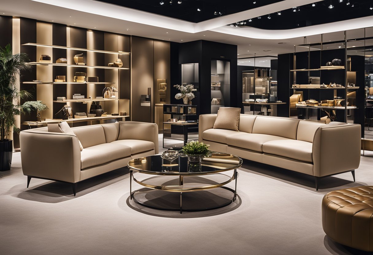 A modern showroom with sleek Fendi furniture on display, customers browsing and staff assisting, logo prominently featured
