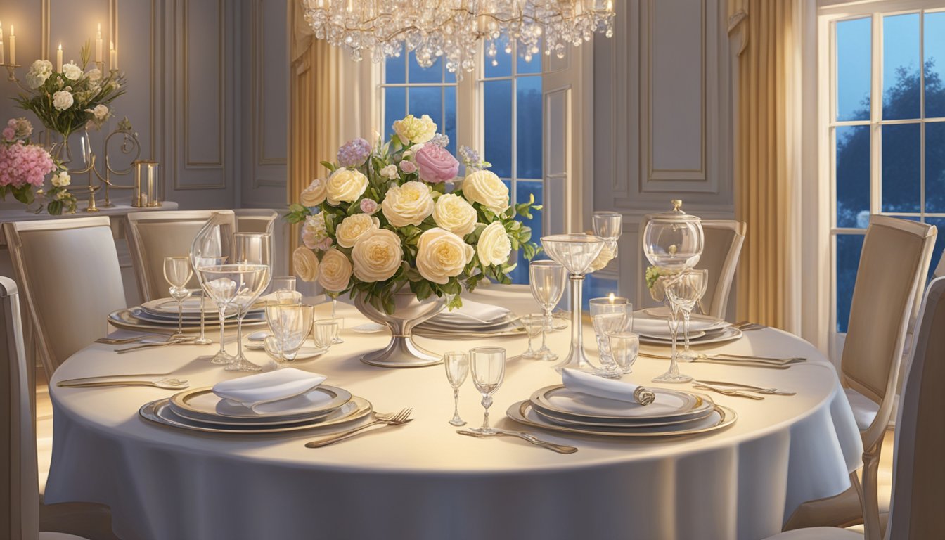 In the elegant dining room, a table is set with fine china, crystal glassware, and fresh flowers. The soft glow of candlelight illuminates the space, creating a warm and inviting atmosphere