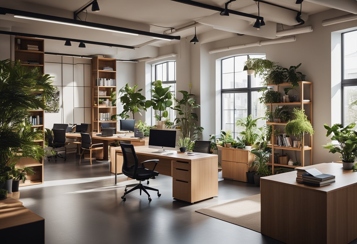 A spacious wooden office cabin with large windows, a sleek desk, and modern ergonomic chairs. The walls are adorned with minimalist artwork and shelves filled with books and plants, creating a cozy and productive workspace