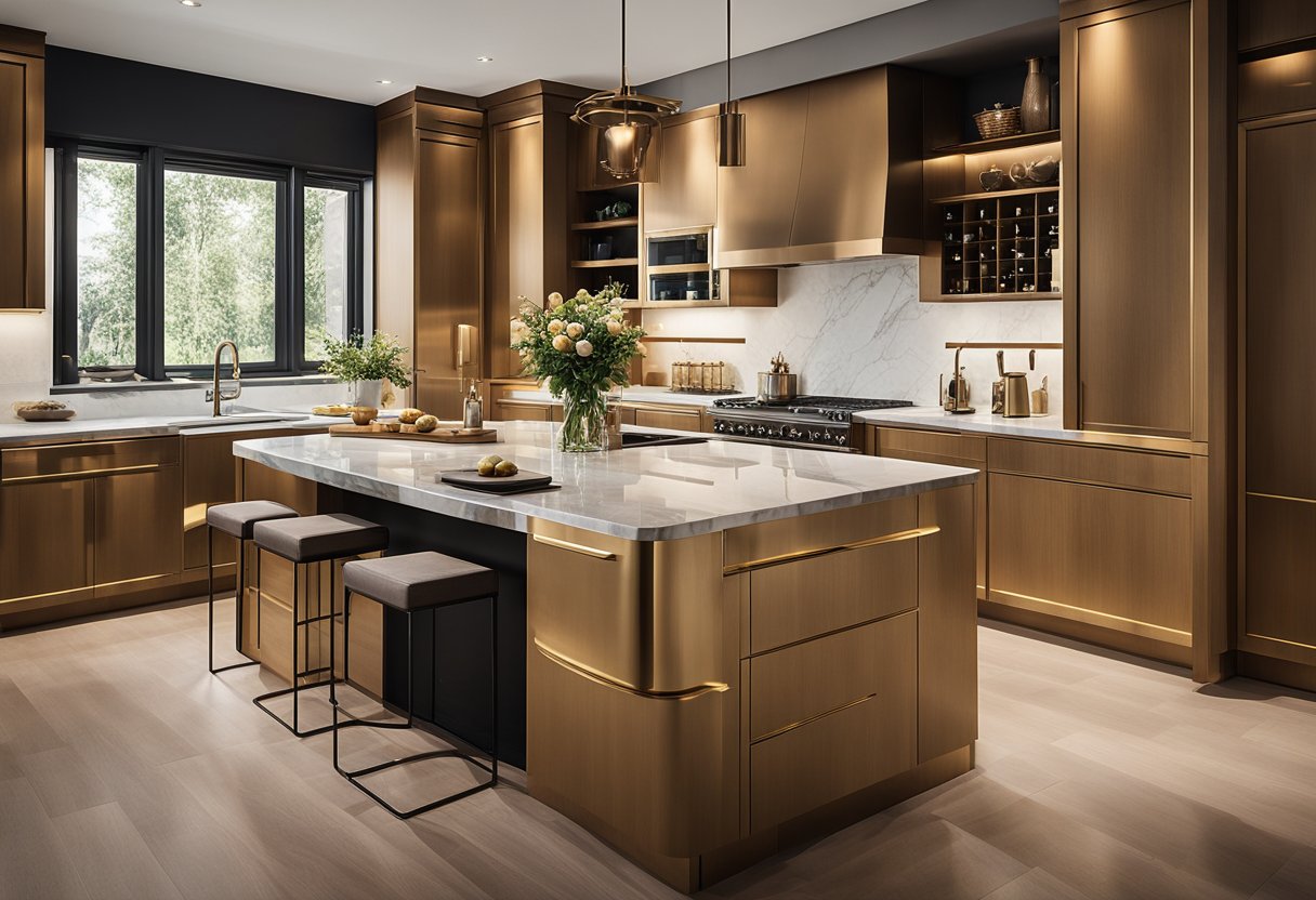 A spacious, modern kitchen with sleek gold fixtures and appliances. The countertops are marble, and the cabinets are a warm, honey-toned wood