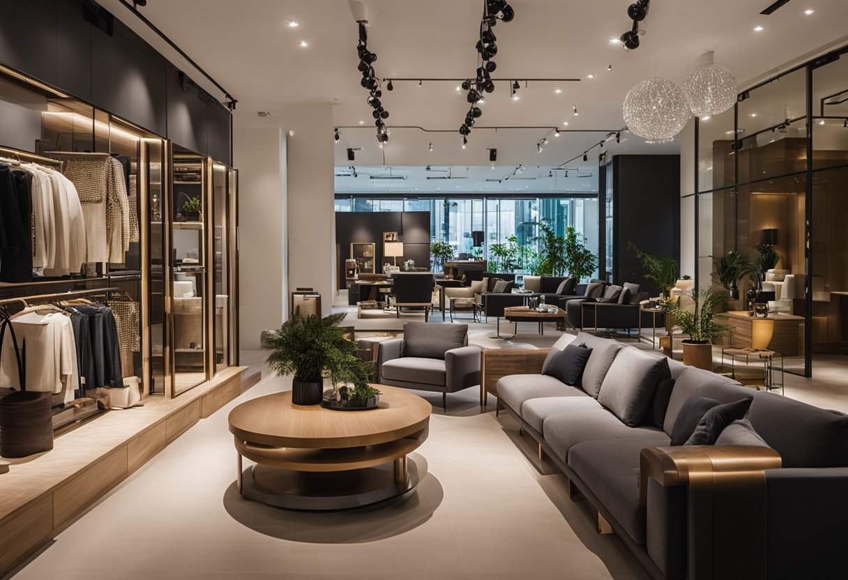 A stylish showroom displays elegant European furniture in Singapore. Customers browse and make purchases in a modern, inviting atmosphere