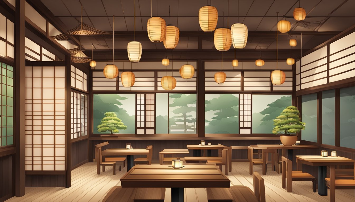 A traditional Japanese restaurant with wooden decor, paper lanterns, and a sushi bar