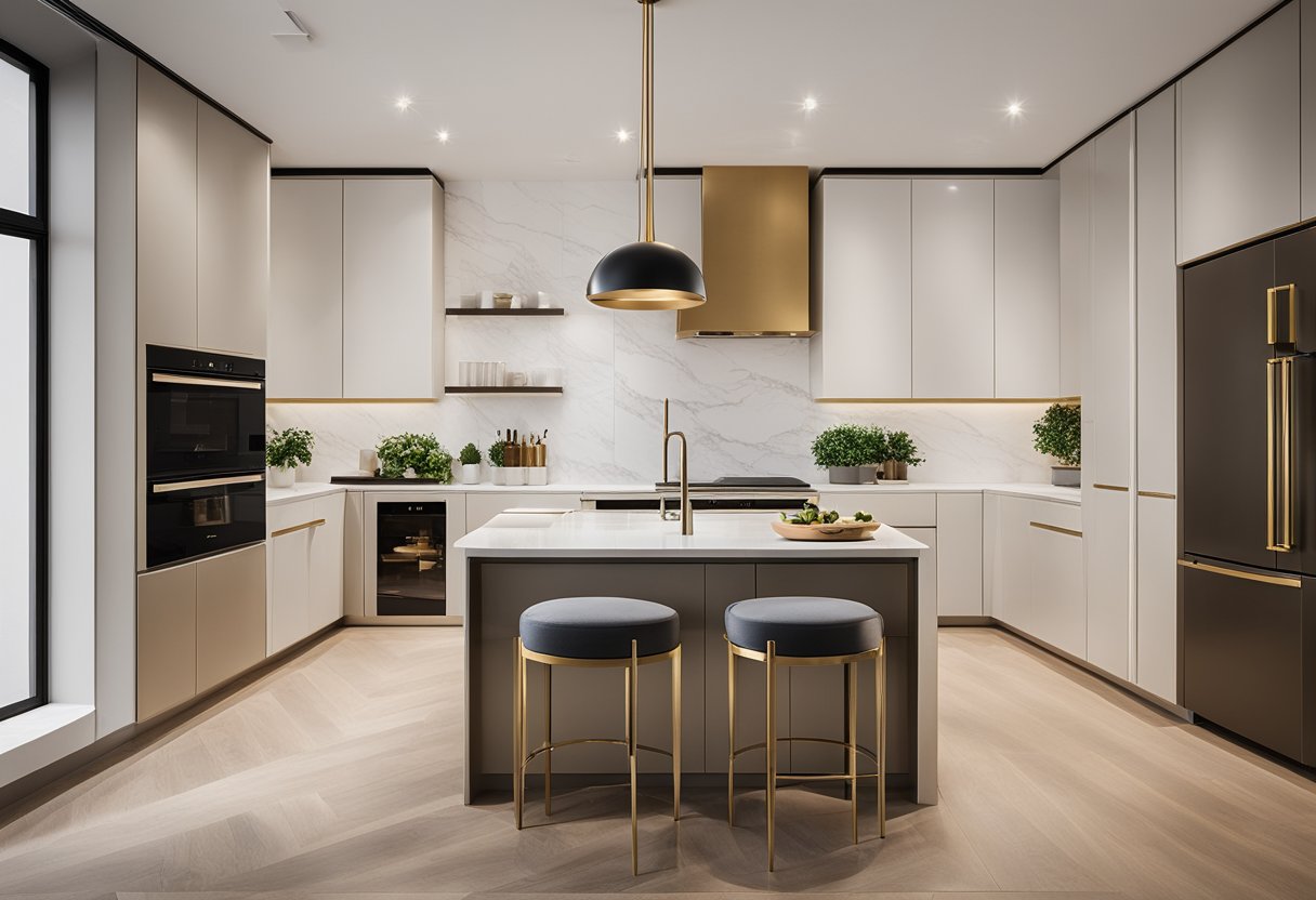 A spacious kitchen with sleek gold fixtures and ample storage, featuring a central island and minimalist design for functional elegance