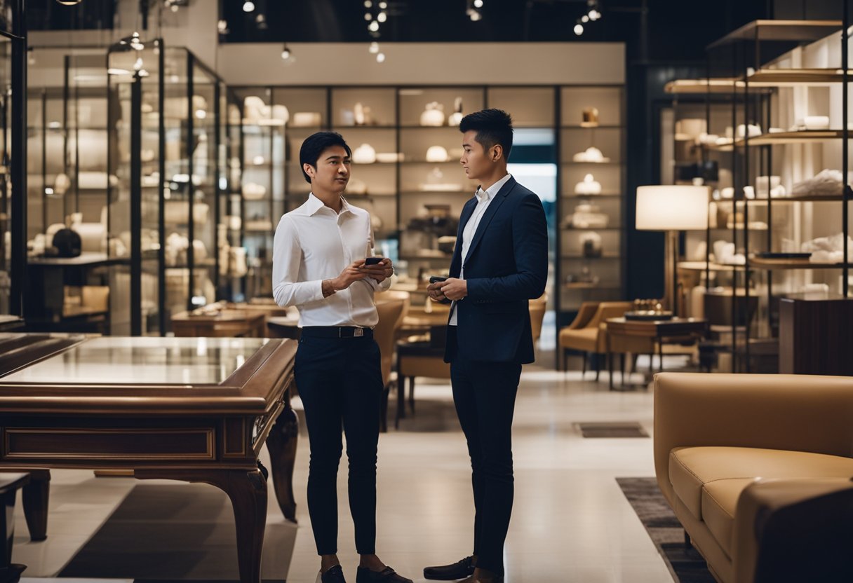 A customer browsing through a showroom of elegant European furniture in Singapore, with a salesperson nearby ready to answer any frequently asked questions