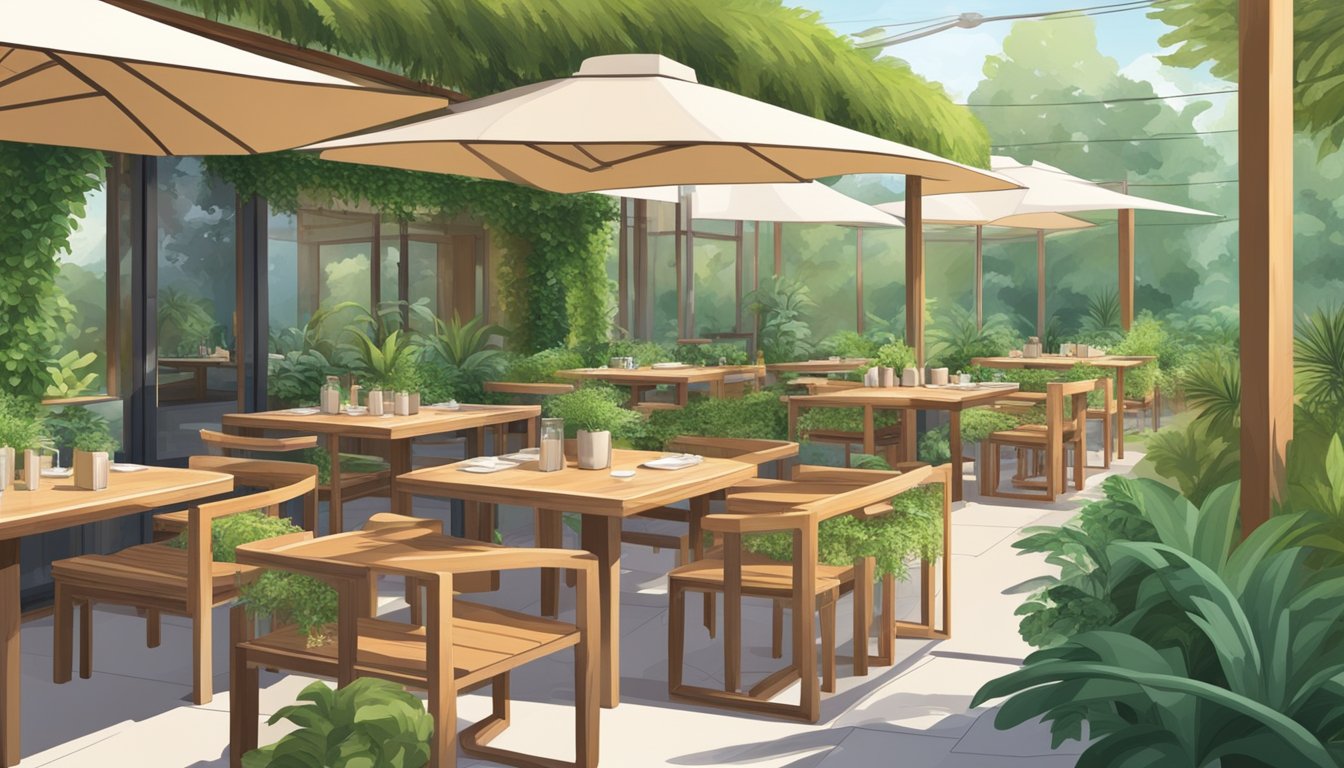 Lush greenery surrounds a modern, open-air restaurant. Wooden tables and chairs are nestled among the plants, creating a serene and inviting atmosphere