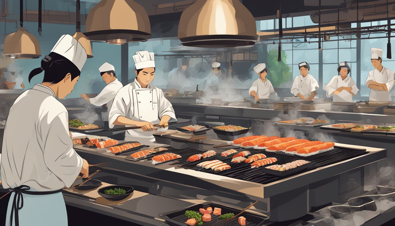 A busy Japanese restaurant kitchen, with chefs preparing sushi and sashimi, while others grill yakitori skewers over hot coals