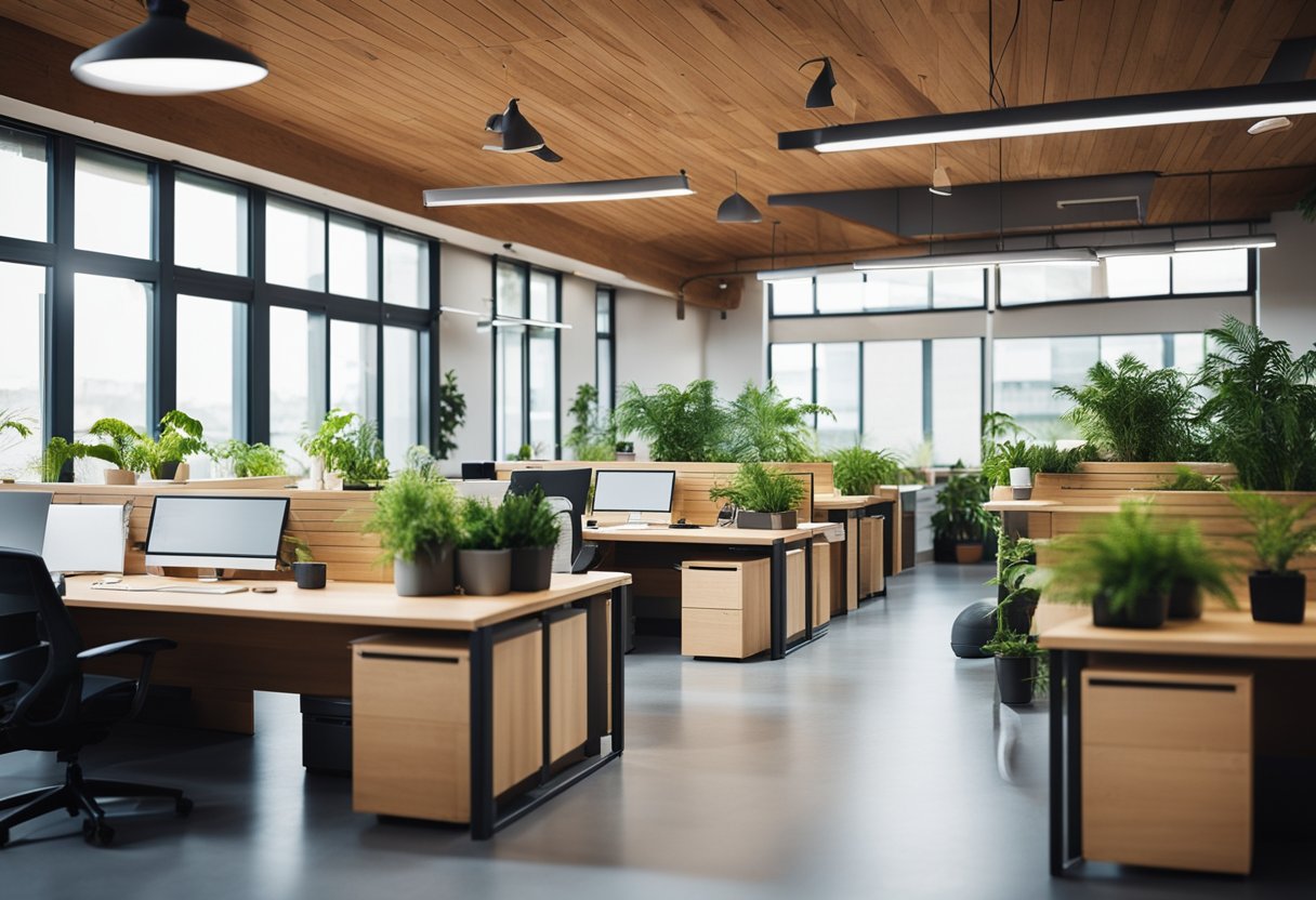 A brightly lit wooden office cabin with open windows, green plants, and organized workstations exudes a positive and productive atmosphere