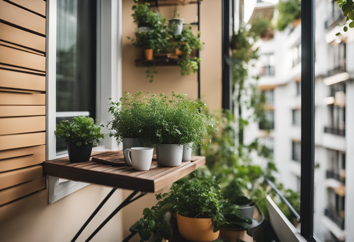 A compact balcony with foldable table, wall-mounted shelves, and stackable chairs. A hanging planter adds greenery