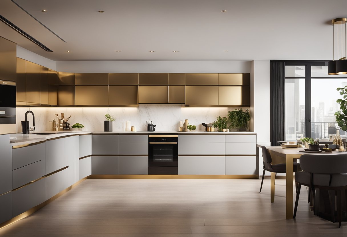 A spacious, modern kitchen with gold accents and sleek appliances. Bright lighting highlights the elegant design, with ample storage and a central island