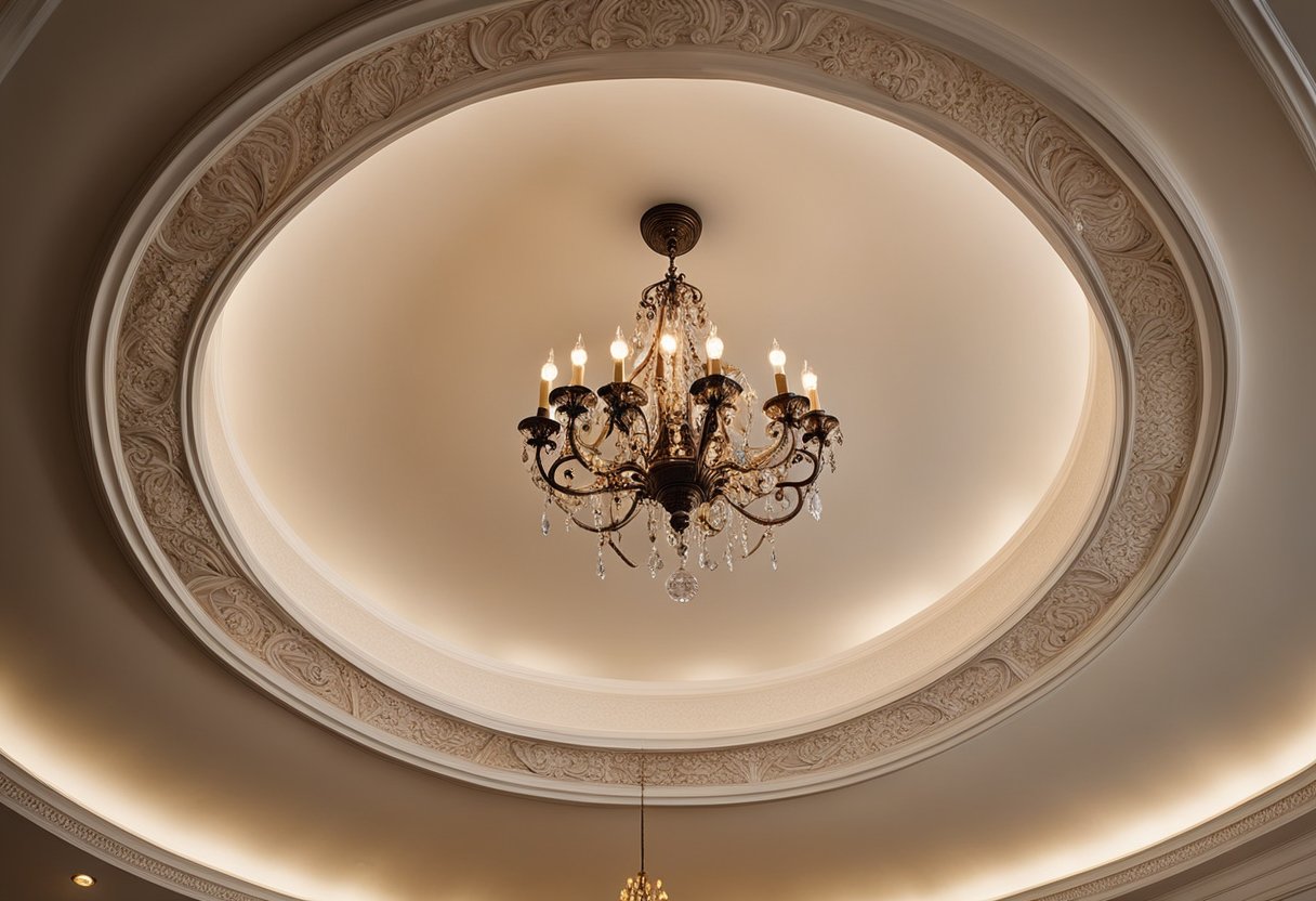 A plaster ceiling with intricate floral and vine designs, centered around a hanging chandelier, in a spacious kitchen