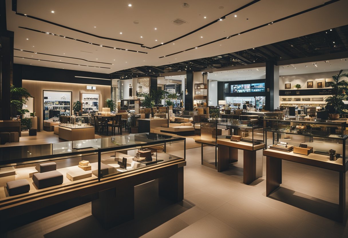 A bustling furniture store in Singapore, with modern and traditional pieces on display, surrounded by eager shoppers and helpful staff