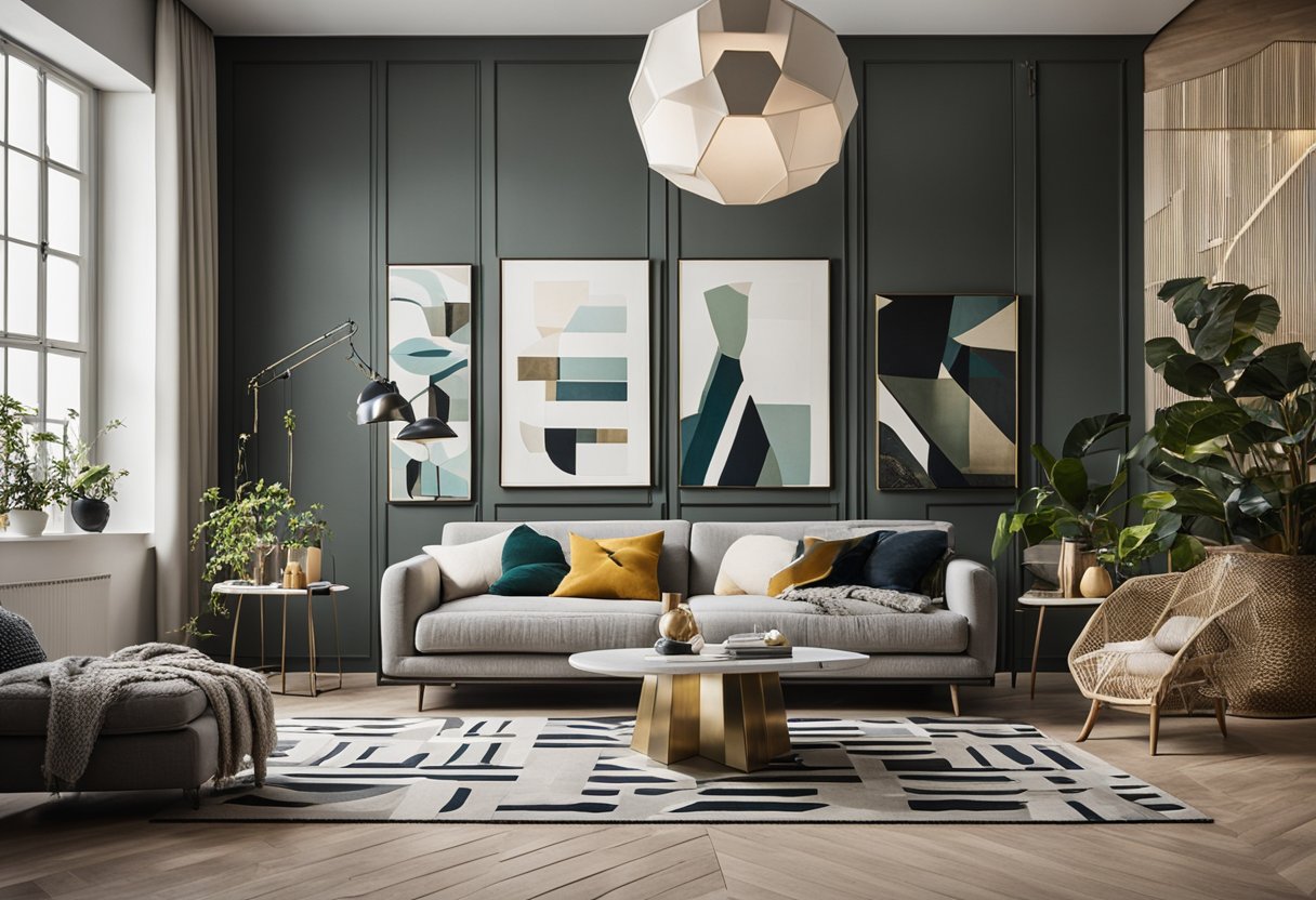 A modern living room with shelves, lamps, and decorative cushions. A rug with geometric patterns lies on the floor. Walls adorned with abstract art