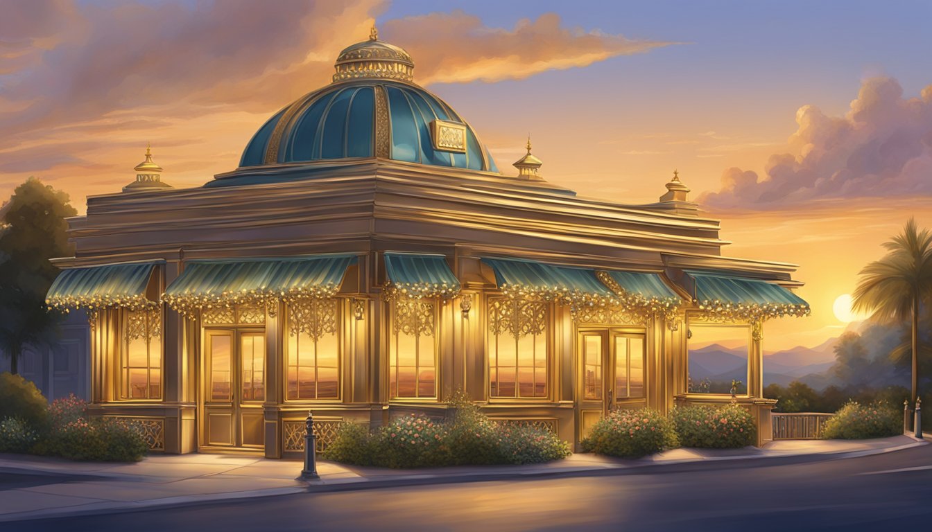 The sun sets behind the elegant Golden Leaf Restaurant, casting a warm glow on the ornate exterior and reflecting off the shimmering gold accents