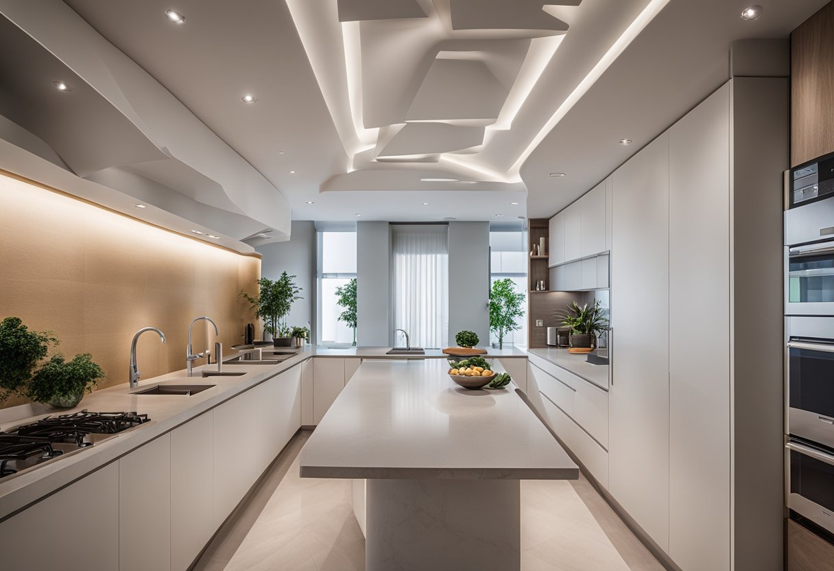 A modern kitchen with a sleek plaster ceiling design featuring geometric patterns and recessed lighting