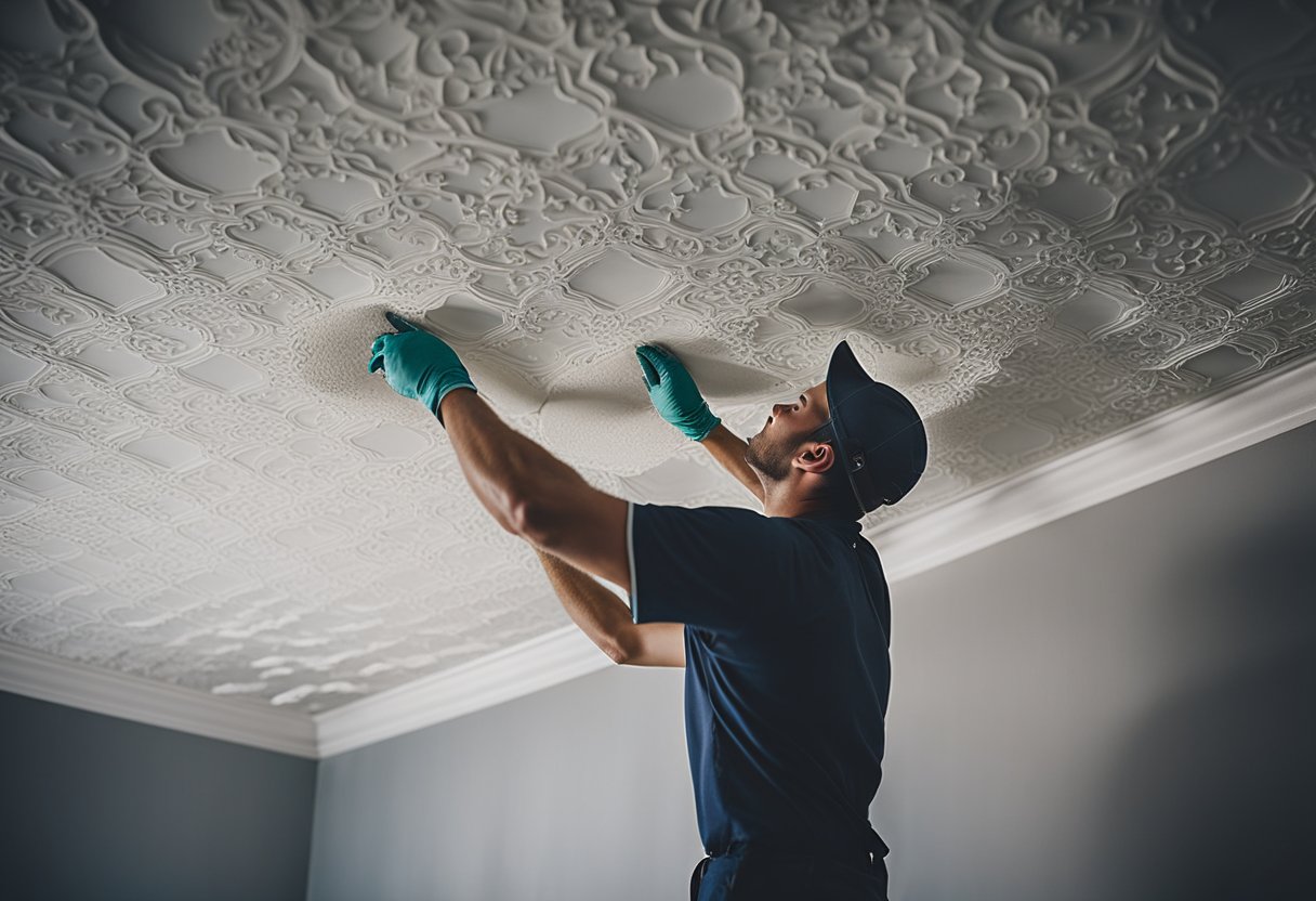 A worker applies intricate plaster designs to a kitchen ceiling