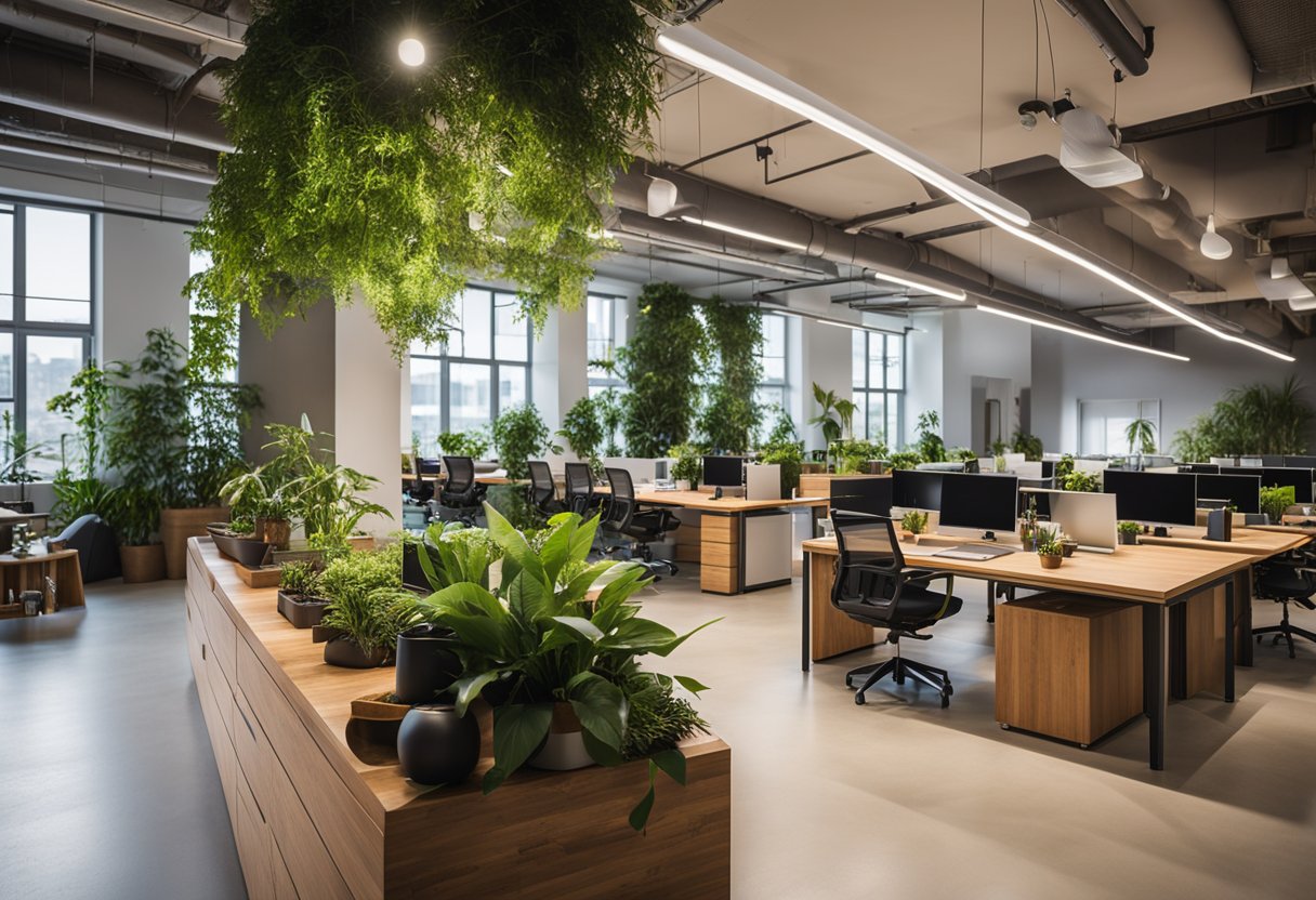 An open-plan office with large windows, indoor plants, and sustainable materials like bamboo and recycled wood furniture. LED lighting and energy-efficient appliances complete the eco-friendly design