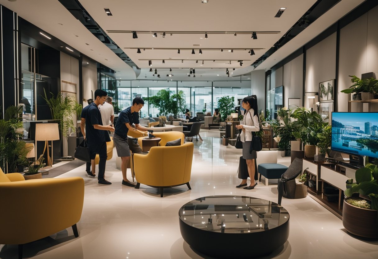 A bustling furniture showroom in Singapore, with customers browsing and staff assisting. Various styles and designs on display