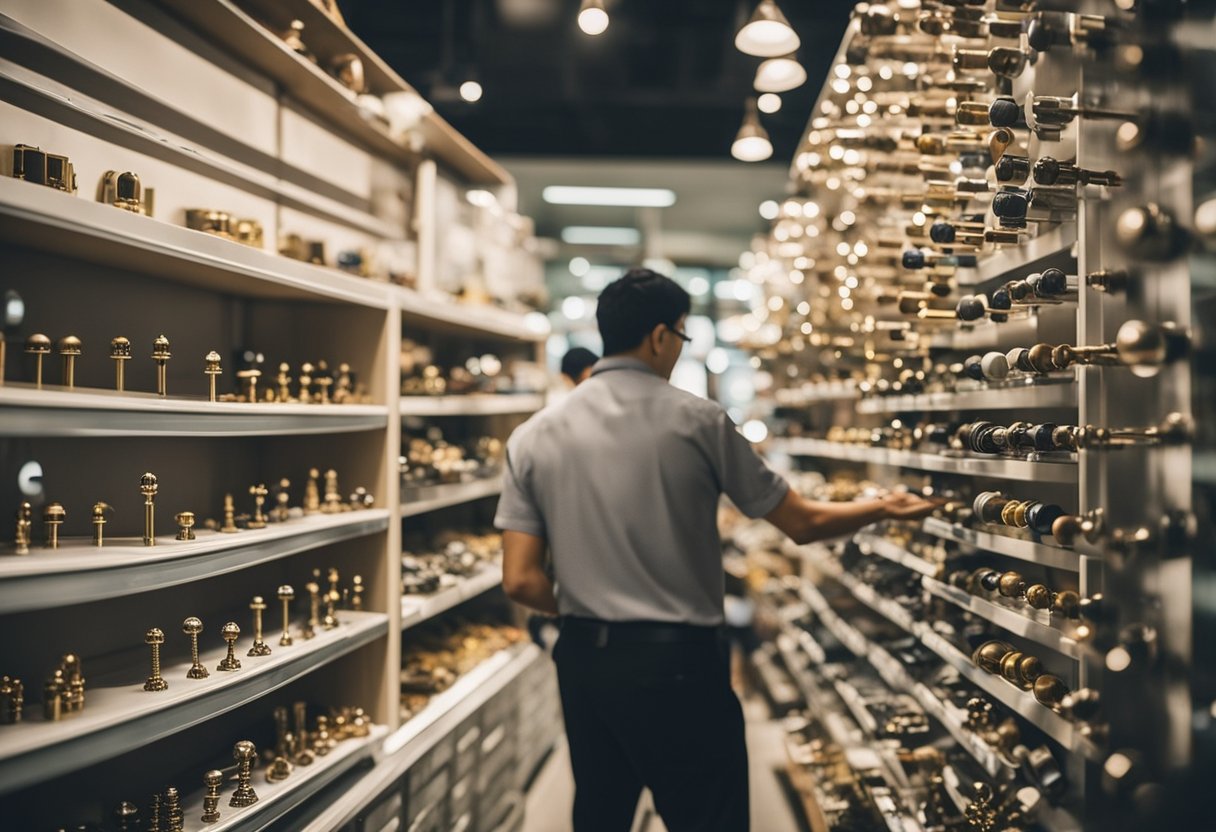 Customers browsing shelves of various knobs, handles, and hinges in a well-lit hardware shop in Singapore