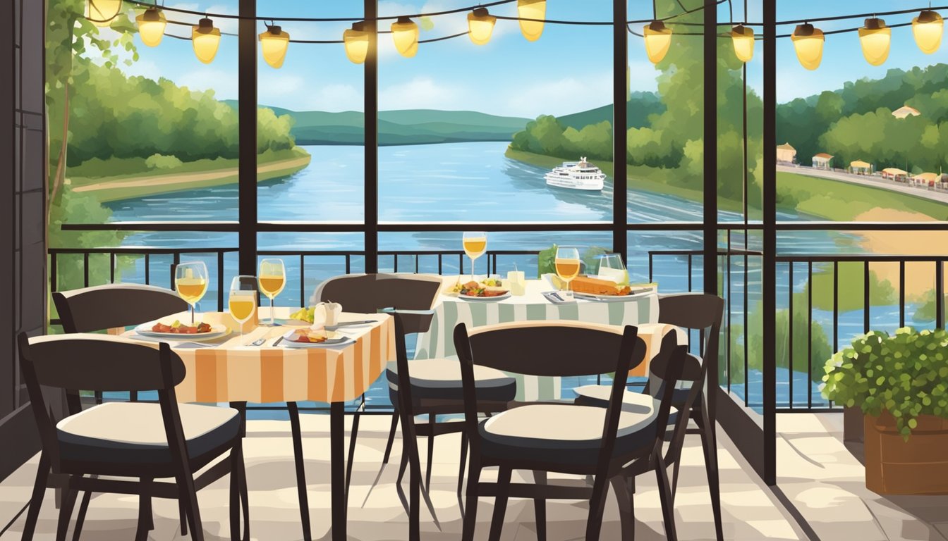A cozy outdoor seating area with string lights and a view of the river. Tables set with checkered tablecloths and wine glasses. A menu board with Italian dishes