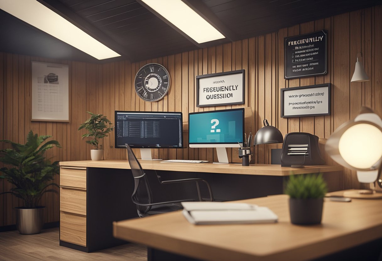 A wooden office cabin with a desk, chair, shelves, and a computer. Clean and organized with a sign that says "Frequently Asked Questions" on the wall