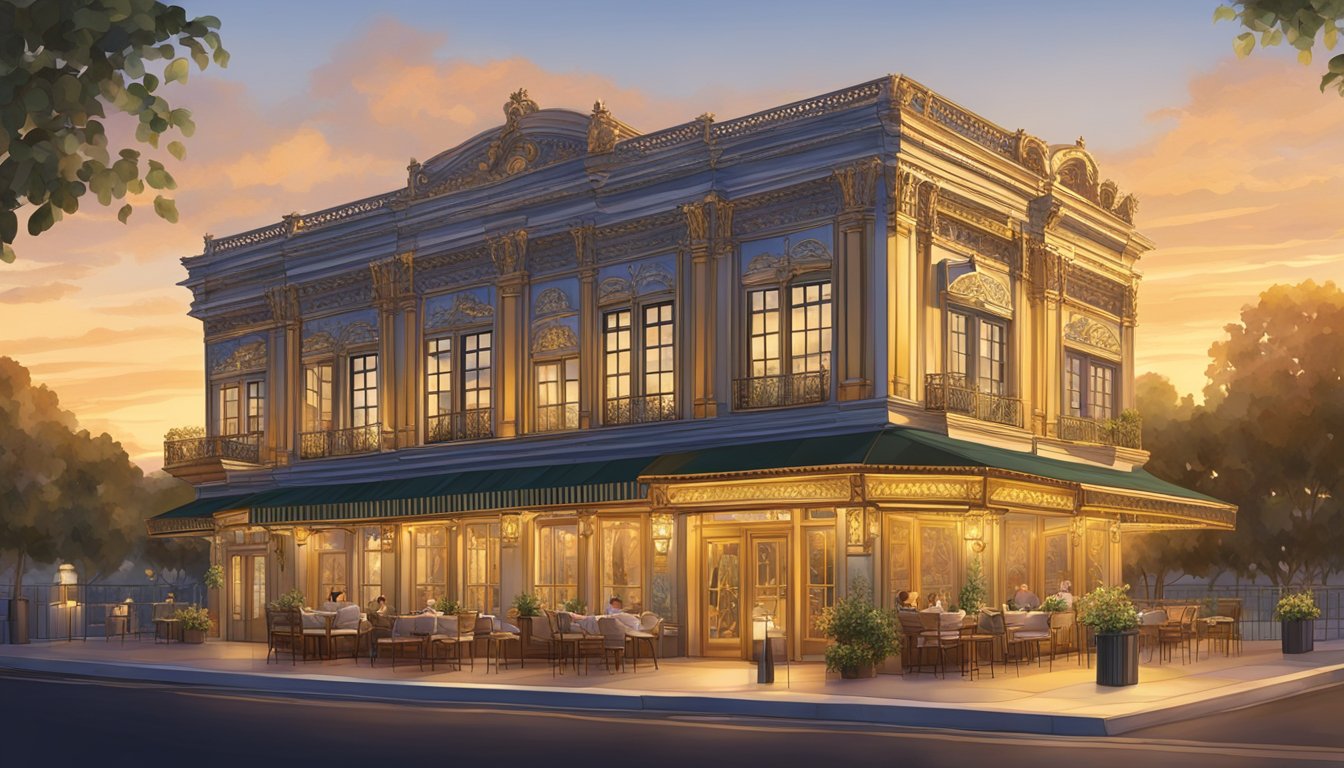 The sun sets behind the elegant, ornate facade of the Savour the Experience golden leaf restaurant, casting a warm glow over the outdoor patio and highlighting the intricate details of the building's architecture