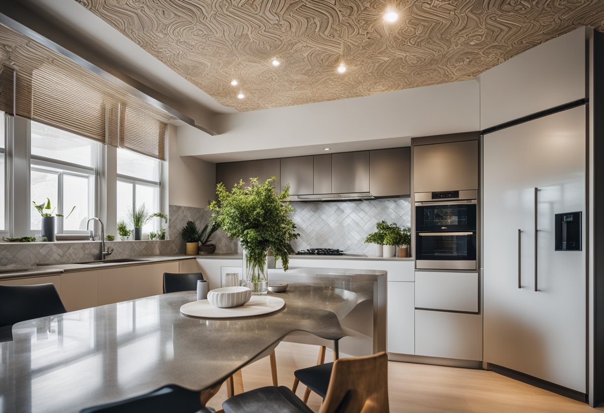 A kitchen with a decorative plaster ceiling featuring a "Frequently Asked Questions" design