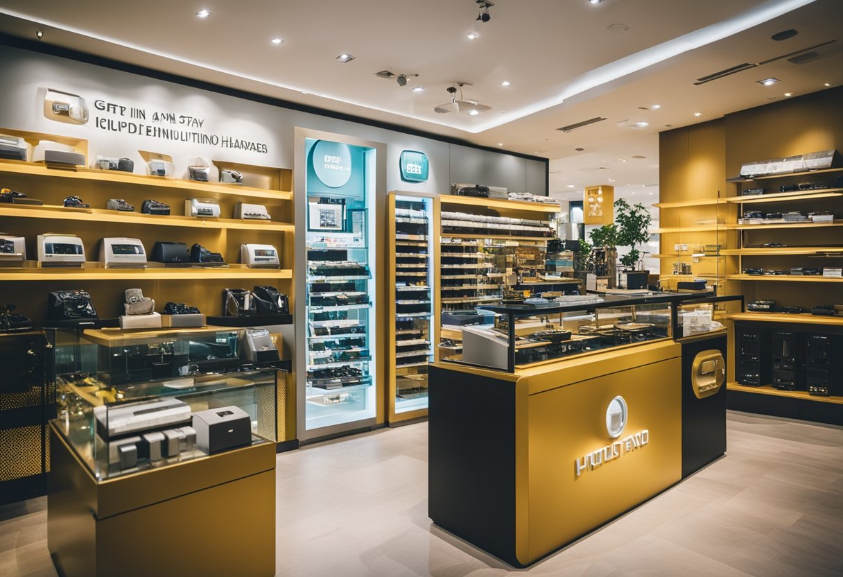 A bright, modern furniture hardware shop in Singapore with sleek displays and a prominent "Get in Touch and Stay Updated" sign
