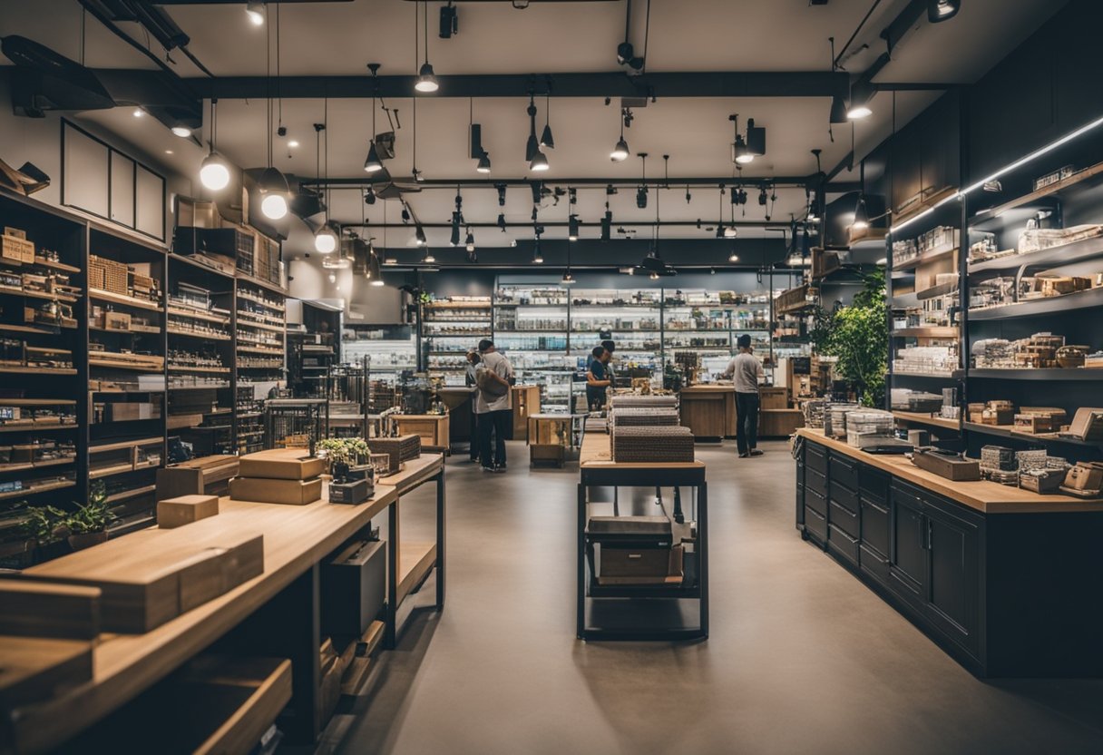 A busy furniture hardware shop in Singapore with shelves stocked with various items, customers browsing, and staff assisting
