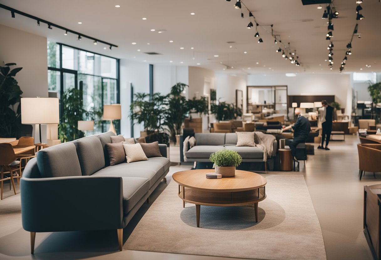 A person carefully choosing furniture in a well-lit showroom with a variety of stylish and high-quality options