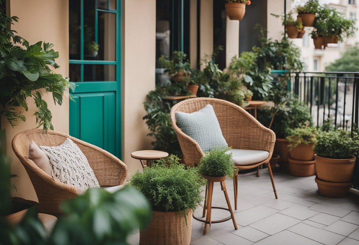A cozy balcony with potted plants, colorful cushions, and a small bistro set surrounded by lush greenery